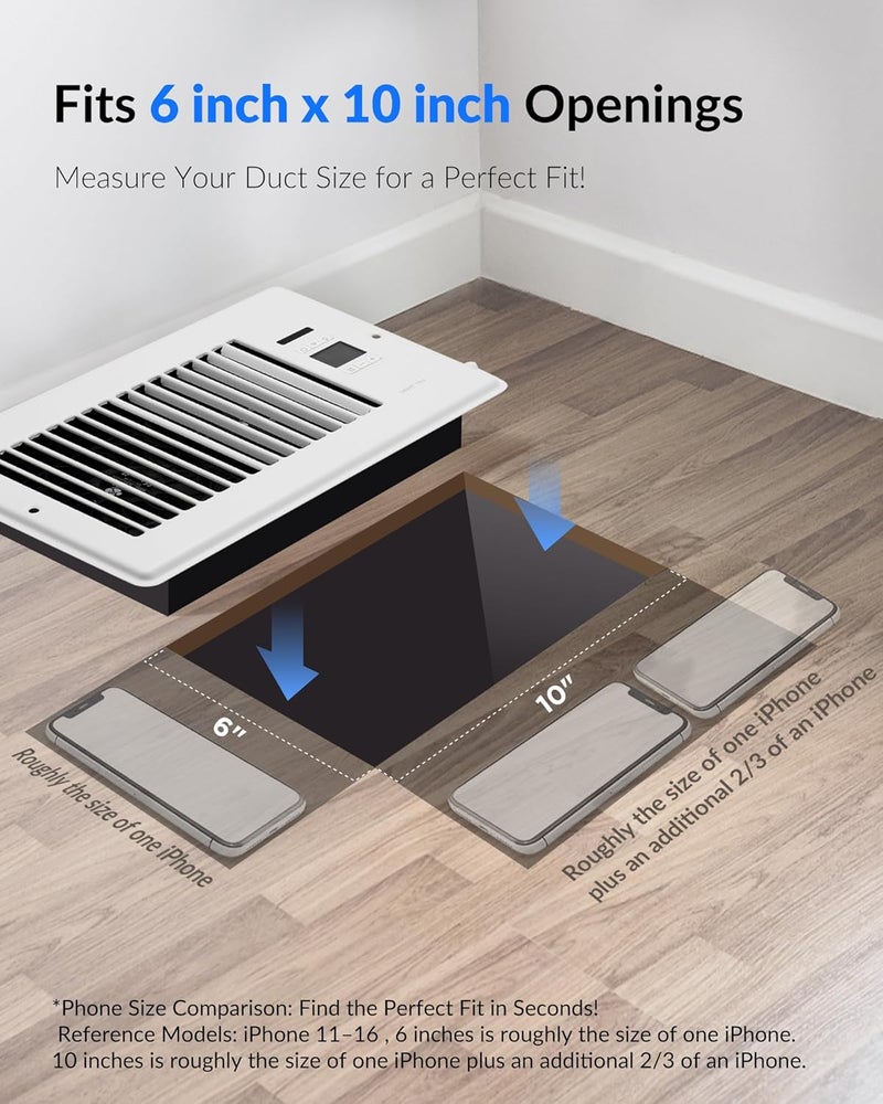 Howeall Super Quiet Register Booster Fan for 6" x 10" Register Holes, Smart Register Vent with Dual Intelligent Thermostat and WIFI App Control, Heating Cooling AC Vent Fan (White) - Image 2